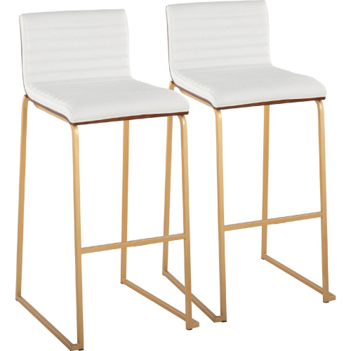 Mason Mara 30" Bar Stool in Gold, Walnut Wood & White Leatherette (Set of 2)